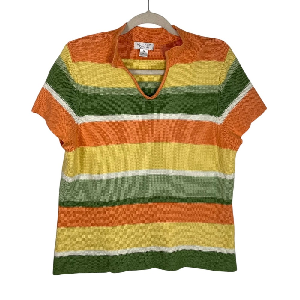 Christopher & Banks Womens Striped‎ Knit Top XL Orange Green Yellow Retro Y2K